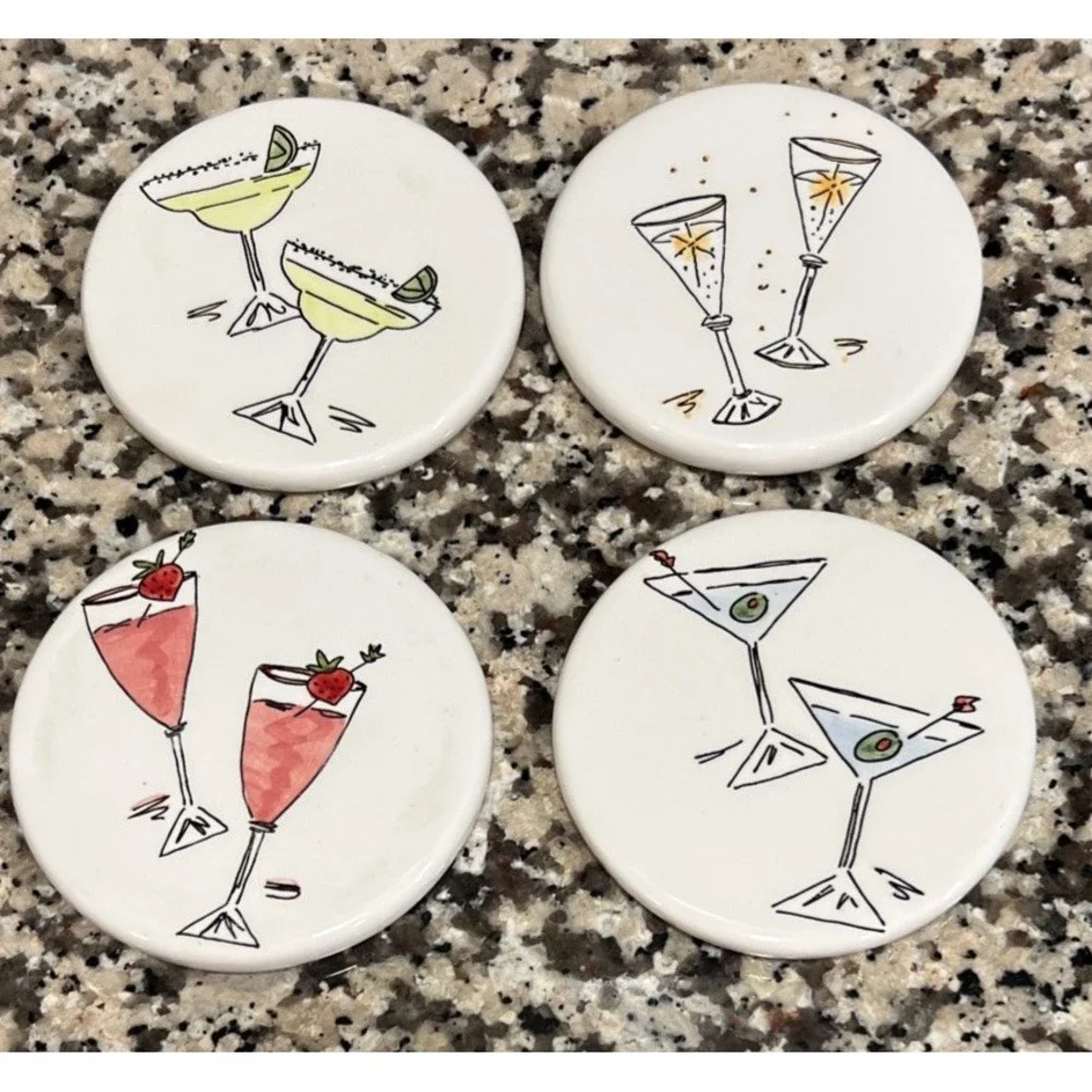 Set Of 4 Studio Nova Coasters Cocktail Time Ceramic Margarita Martini Cork Back